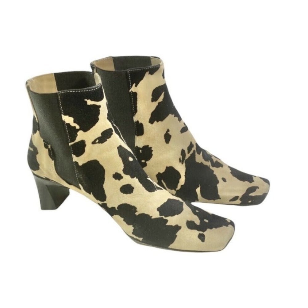 Via Spiga Black and Cream Cow Print Ankle Boots